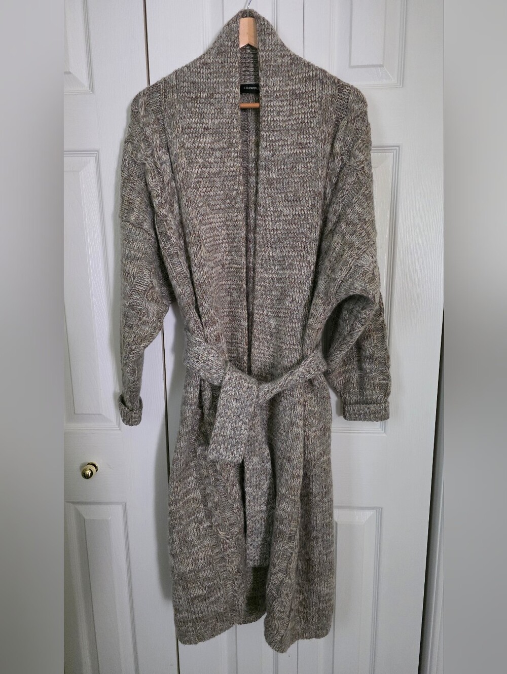 Mohair Wool Blend Belted Long Taupy- Beige Cable Knit Cardigan L-XL - Picture 4 of 13